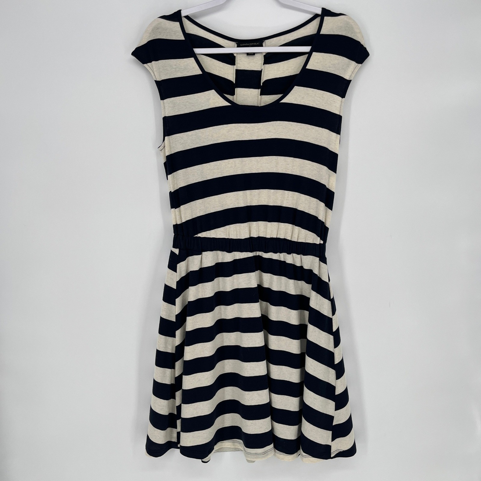 Banana Republic Navy Cream Striped Pima Cotton Fit & Flare Dress Small Preppy