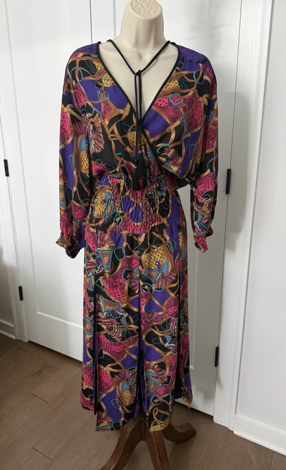 Diane Freis Georgette Midi/Maxi Dress Sash Belt Buckles & fringe handbag Print M