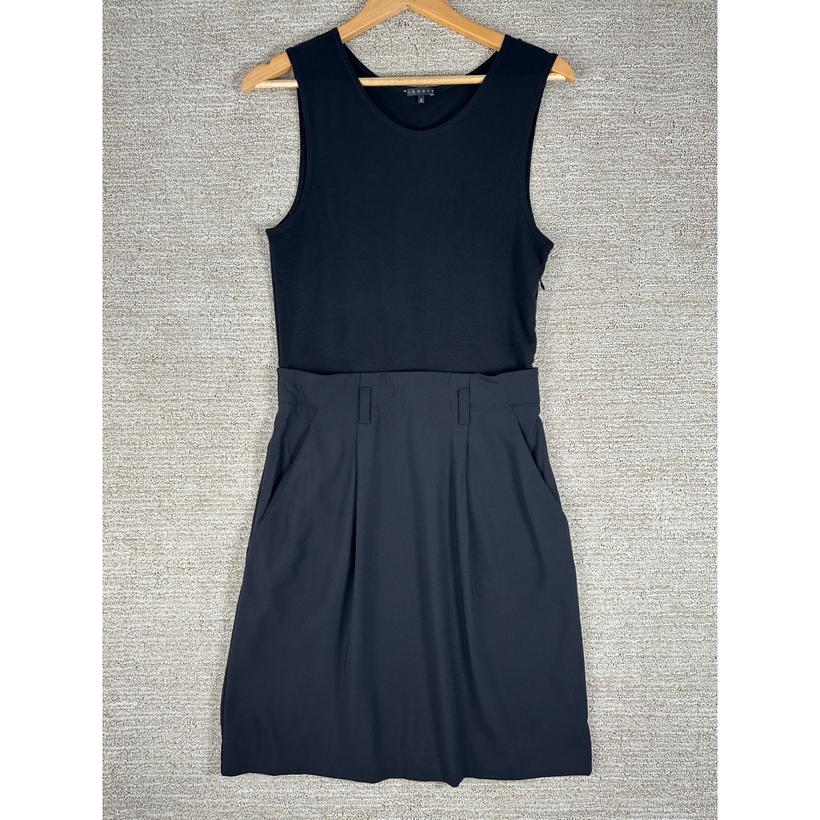 Theory Black Sleeveless Mixed Media Pleated Skirt Dress Side Zip Size 6