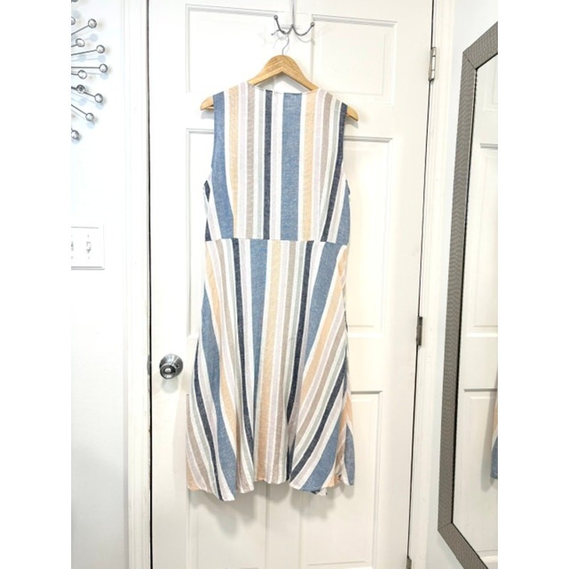 Marissa Olivia Linen Blend Striped Dress XL Blue Peach Button Front Midi Pockets