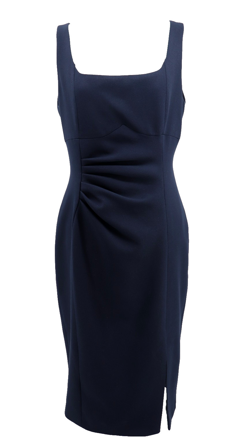 Karen Millen Midi Ruched Dress Womens Size 10 Navy Sheath Sleeveless Square Neck