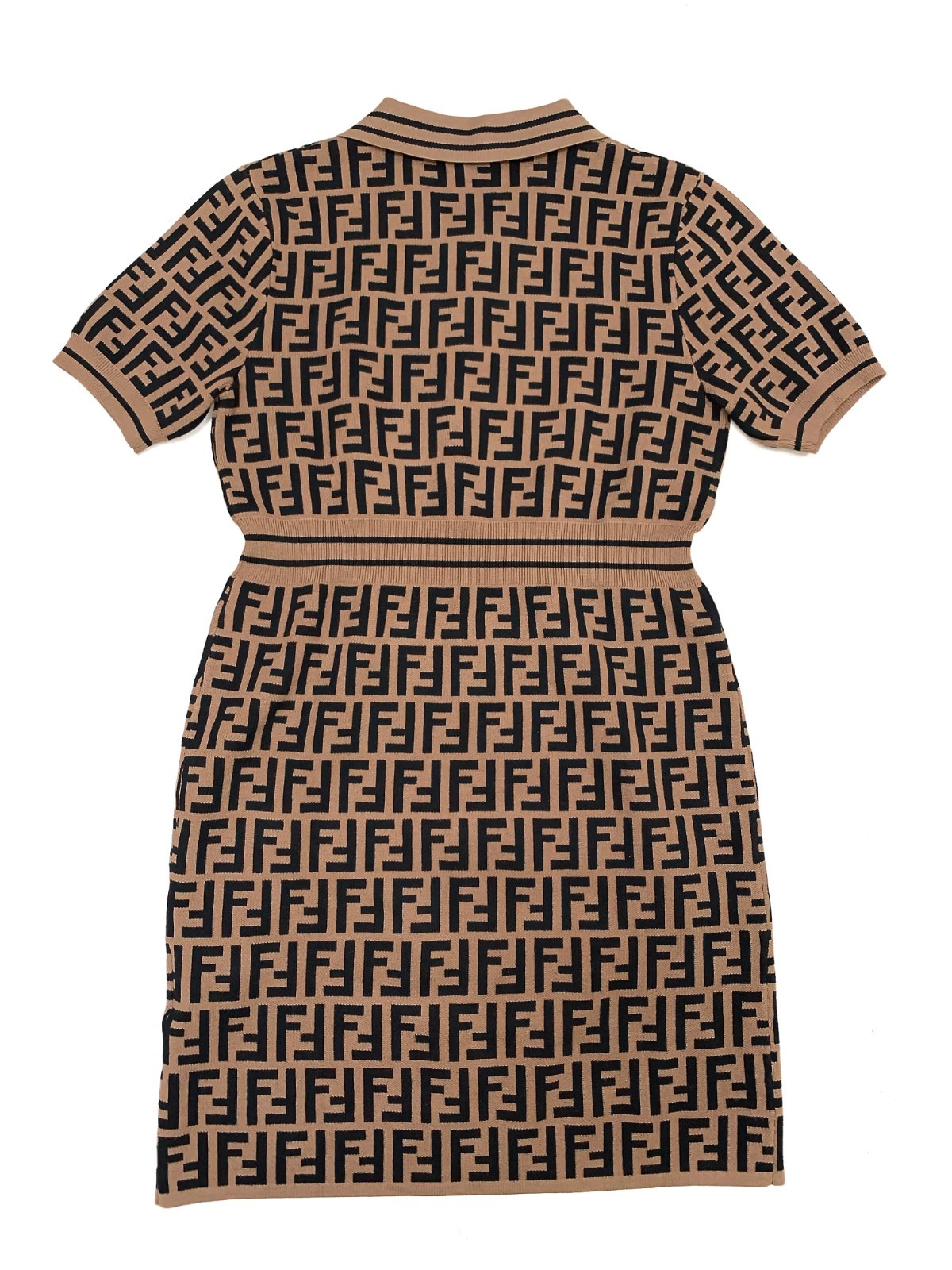 Fendi Zucca FF Monogram Logo Knitted Polo Stretched Dress Brown 38 (S) Size