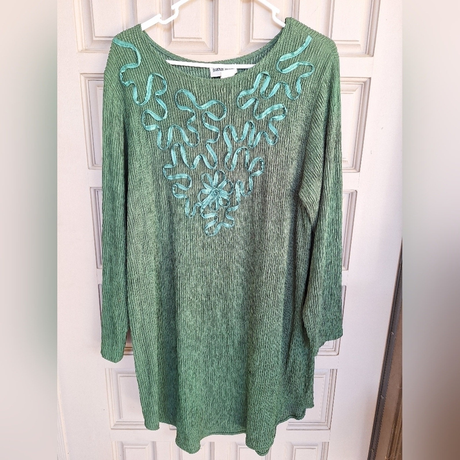 Forest Green Dress SzXL-1X Crinkle Fabric Long Sleeve Ribbon Design Curve Hem