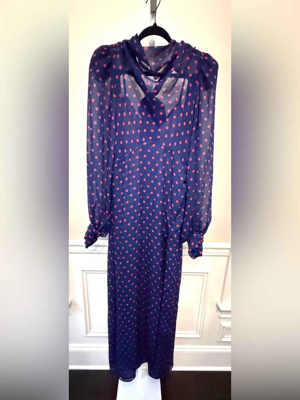 For Love & Lemons Navy Red Polka Dot Maxi Dress Puff Sleeve Side Slit M