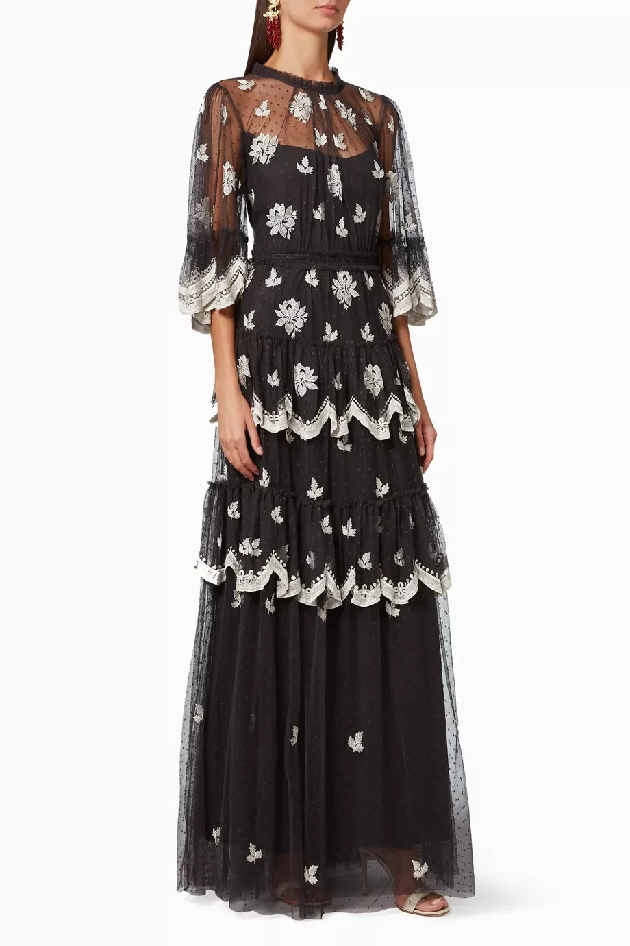 Needle & Thread Amber Petal Embroidered Tiered Lace Dress/Gown Black US 6
