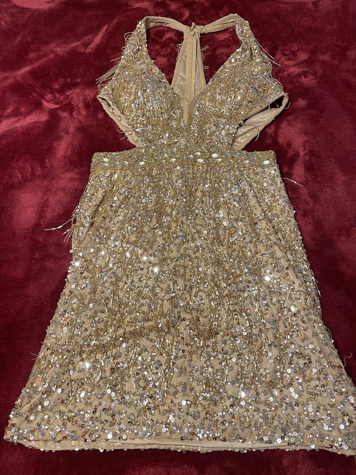 Aleta Gold Sequins Formal NYE Homecoming Dress With Cut Outs Size 8