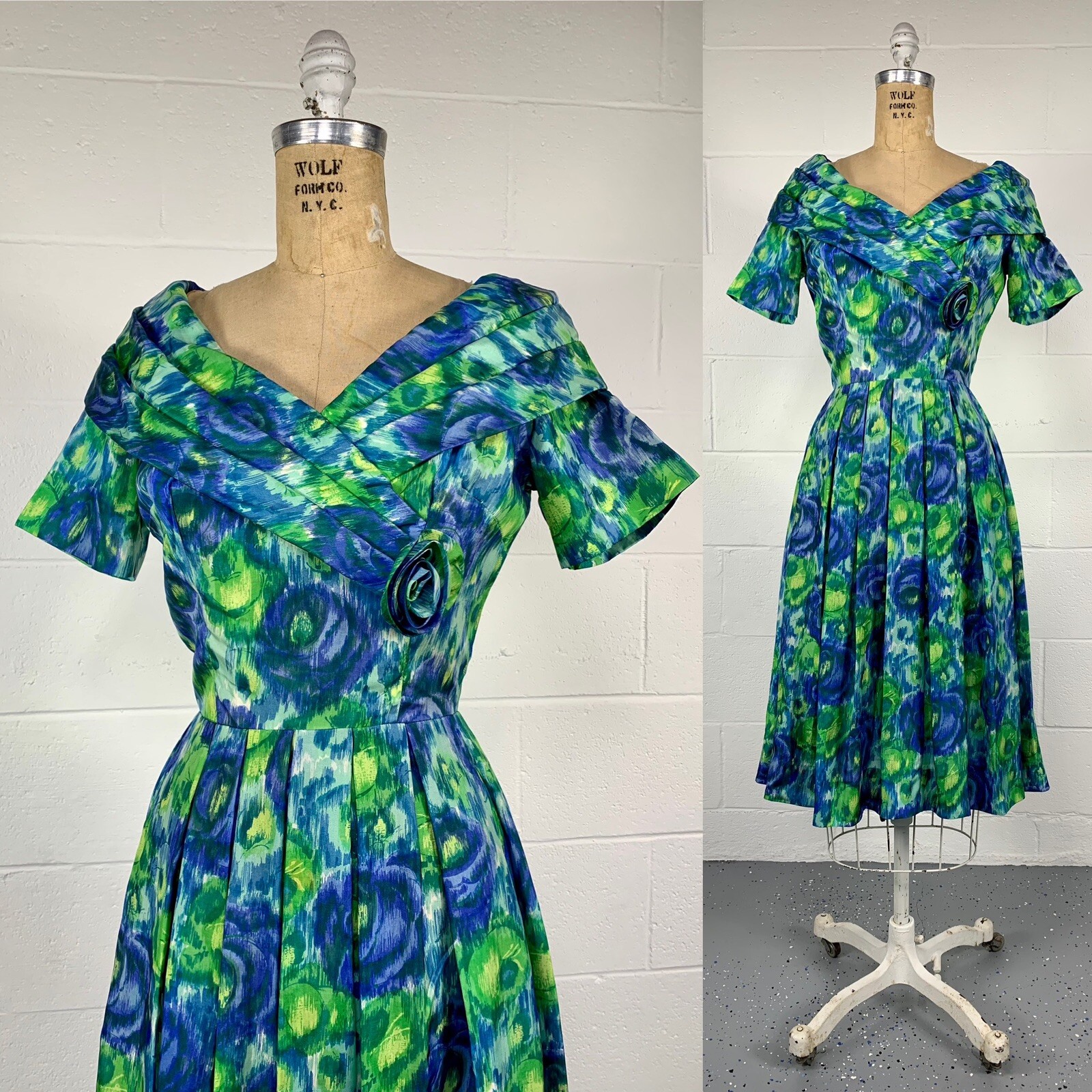 Vintage 50s Green Blue Satin Floral Fit And Flare Swing Dress Portrait Collar 6