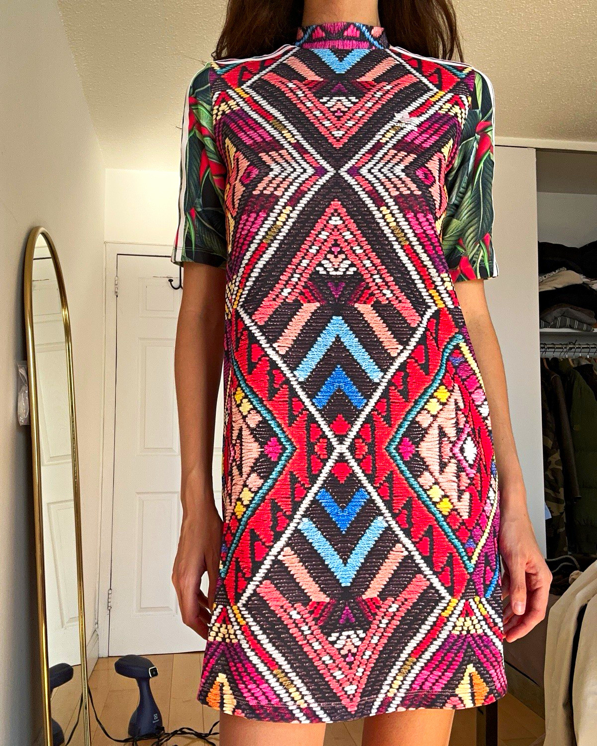 adidas Women’s Multicolor Geometric Tank Dress Short Sleeve Zip Logo US 4