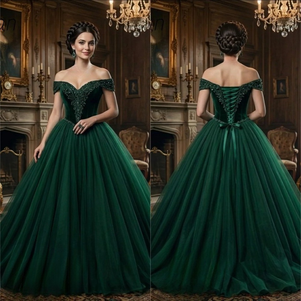 Dark Green Velvet Evening Dresses Beaded Lace Applique Off-Shoulder Bridal Gowns