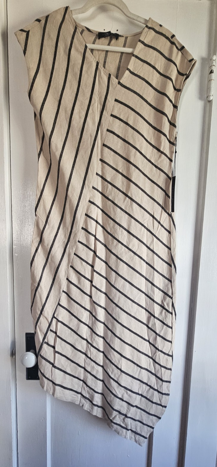 NWT TAHARI Womens S striped Midi Dress Minimalist Lagenlook linen Viscose blend