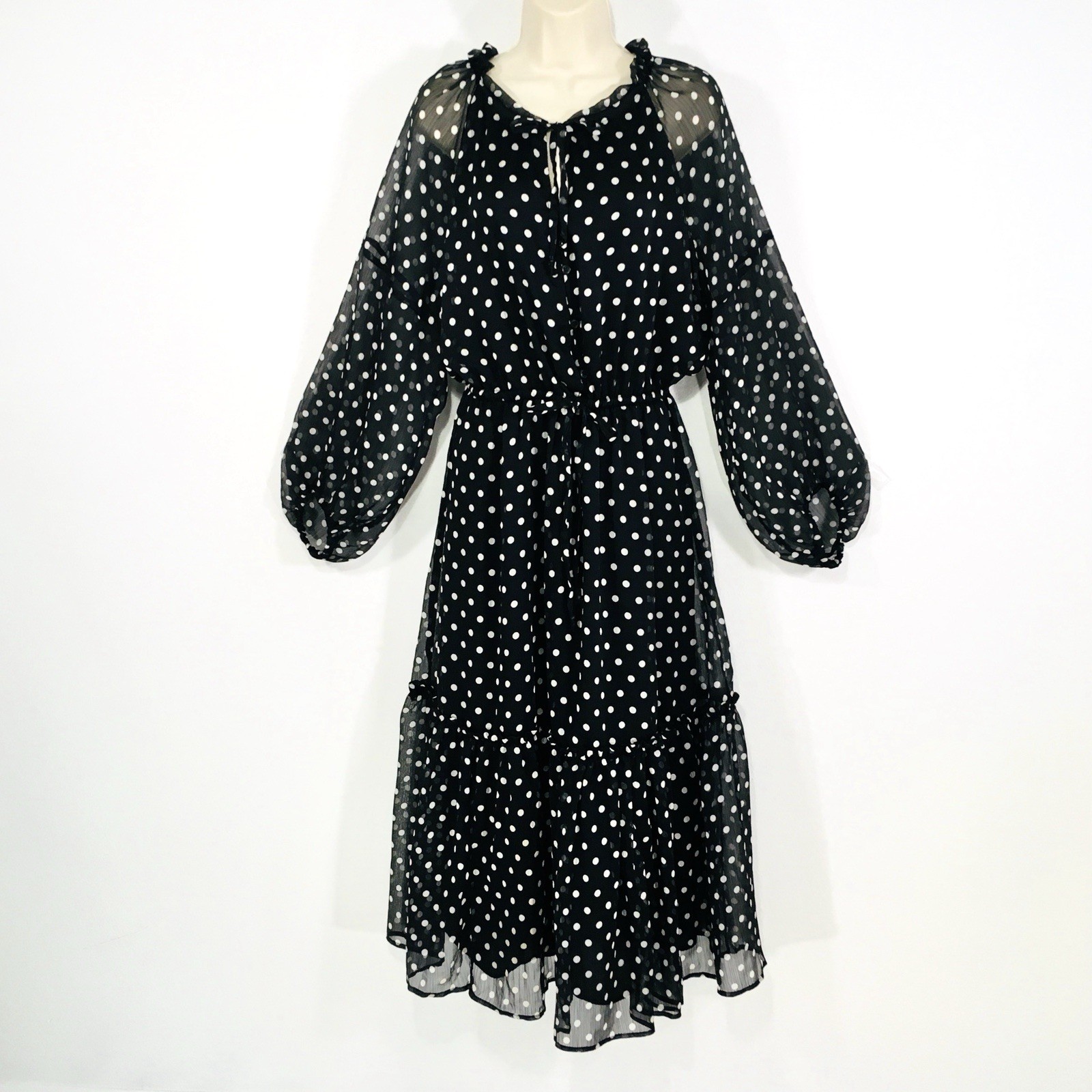 On 34th Polka Dot Chiffon Dress Sz L Sheer Sleeves Stretch Waist Fairy Whimsy