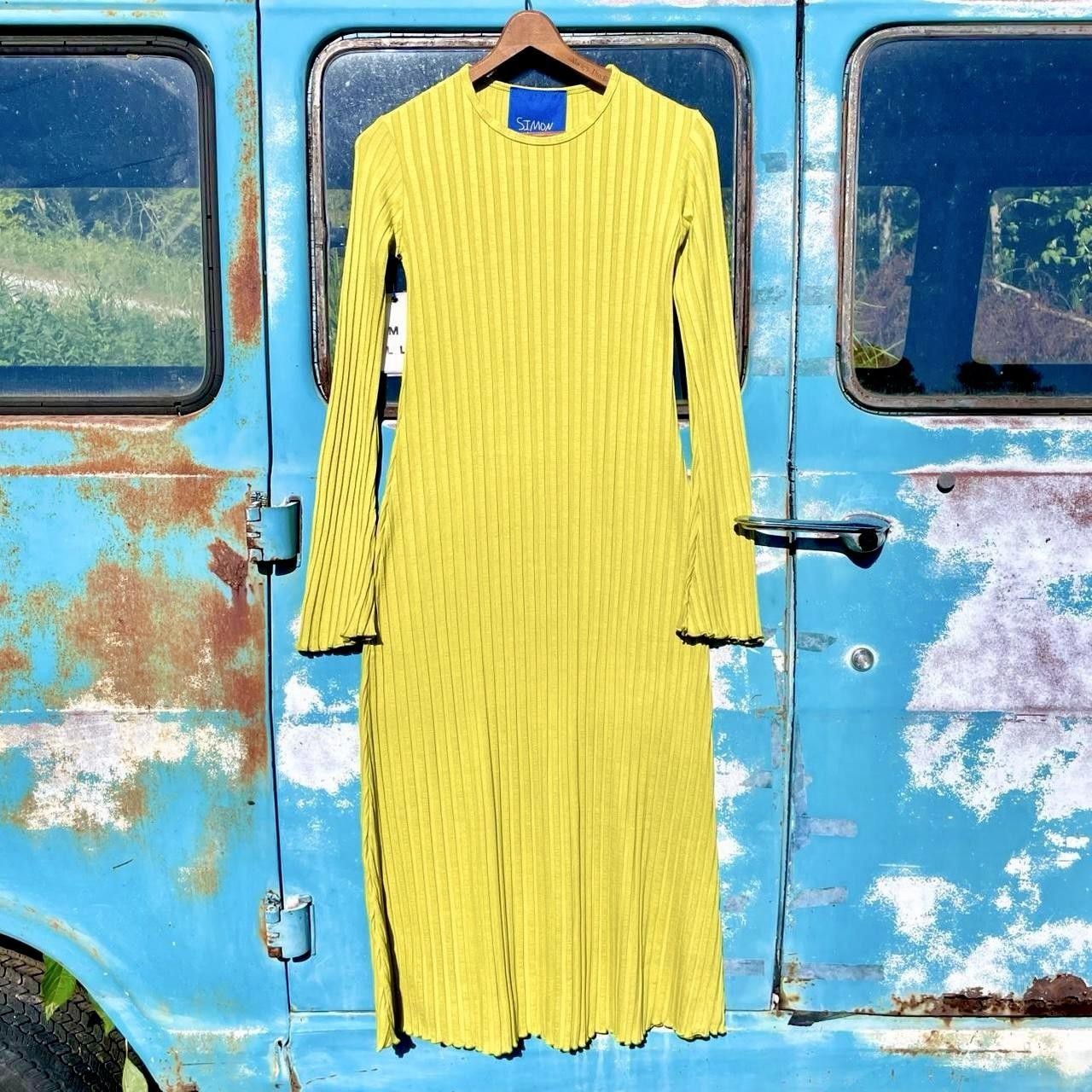 Simon Miller stretchy chartreuse ribbed knit sweater dress long sleeve crewneck