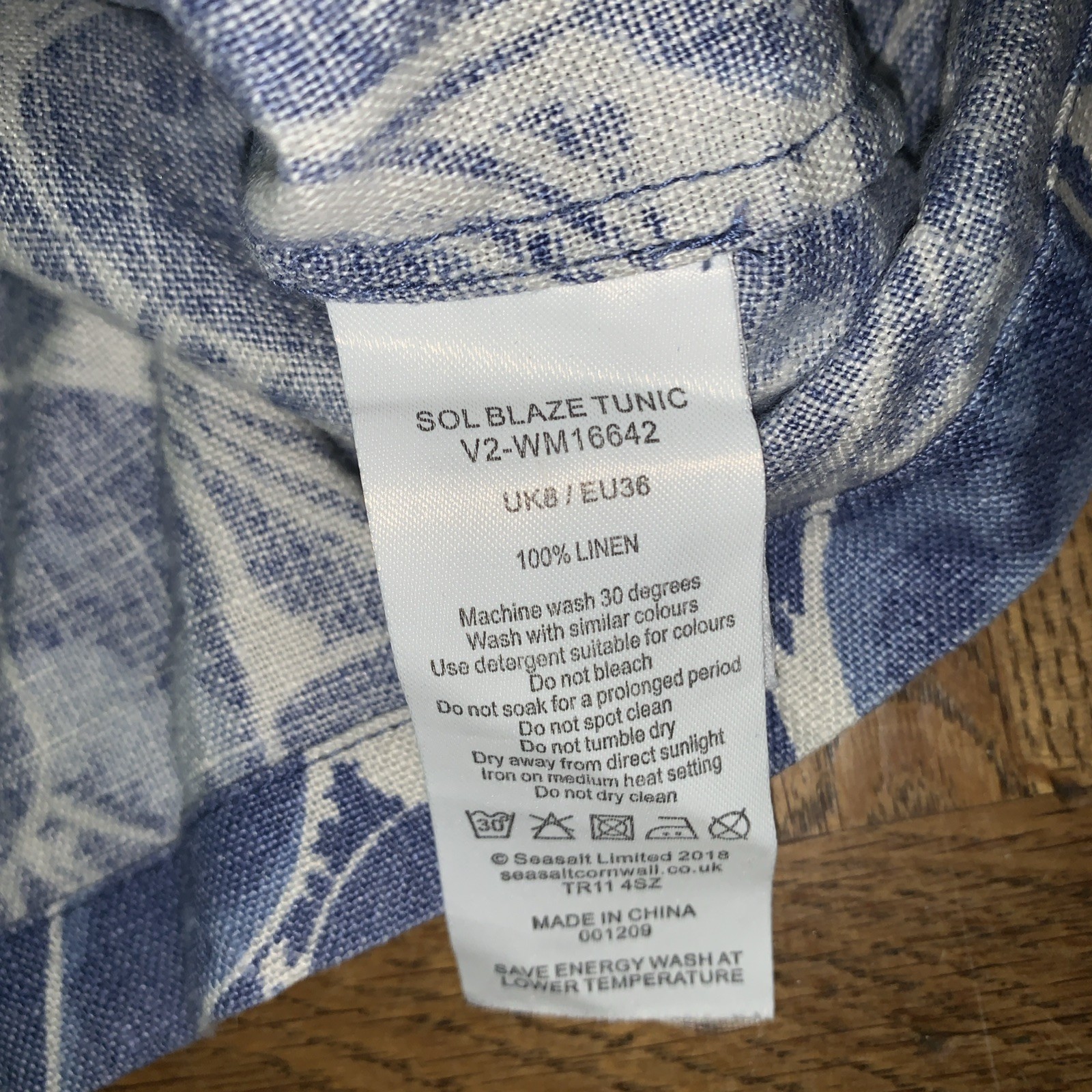 Seasalt Sol Blaze Tunic dress Blue white leaf Printed 100% Linen Size Uk 8