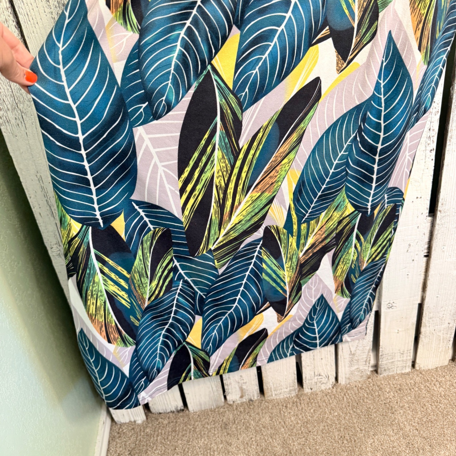 Hount Tropical Palm Leaf Maxi Dress L Sleeveless Pockets Beach Vacation Resort