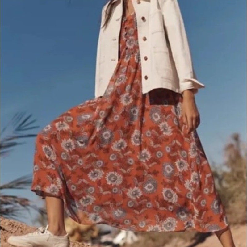 Madewell Midi Dress in Gathered Blooms Cottagecore Orange Floral Boho Size 8