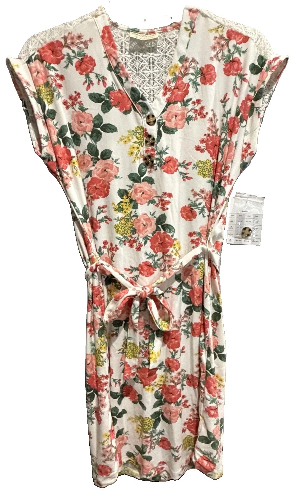 NWT Bobbie Brooks Women’s Small White Floral Dress V Neck Lace Back Waist Tie