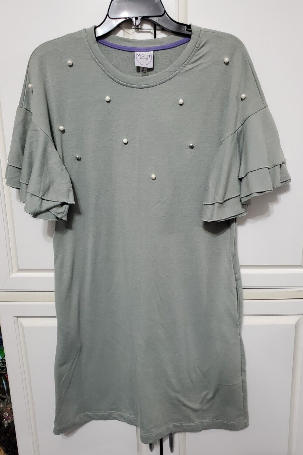 Violet Weekend Small Shift Dress Sweat Pearls Beaded Ruffle Sleeve Pockets Y-14