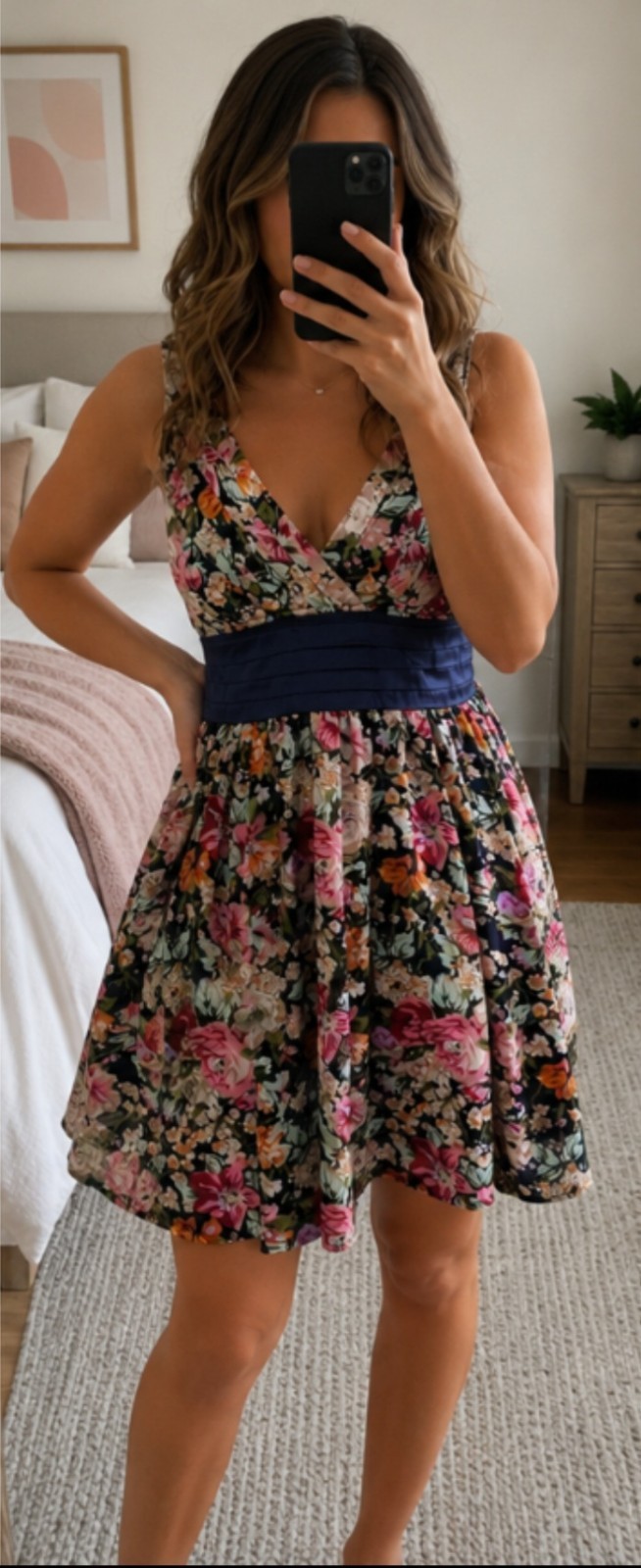 Gorgeous Satin Look Navy Blue Floral Dress Mela Love London Size Medium Occasion