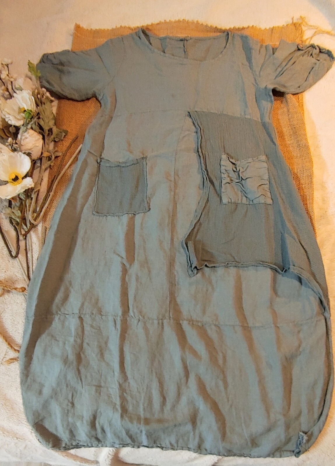 ITALY Linen Cotton Dress Lagenlook Art Peasant Cottagecore Pockets Boho Travel