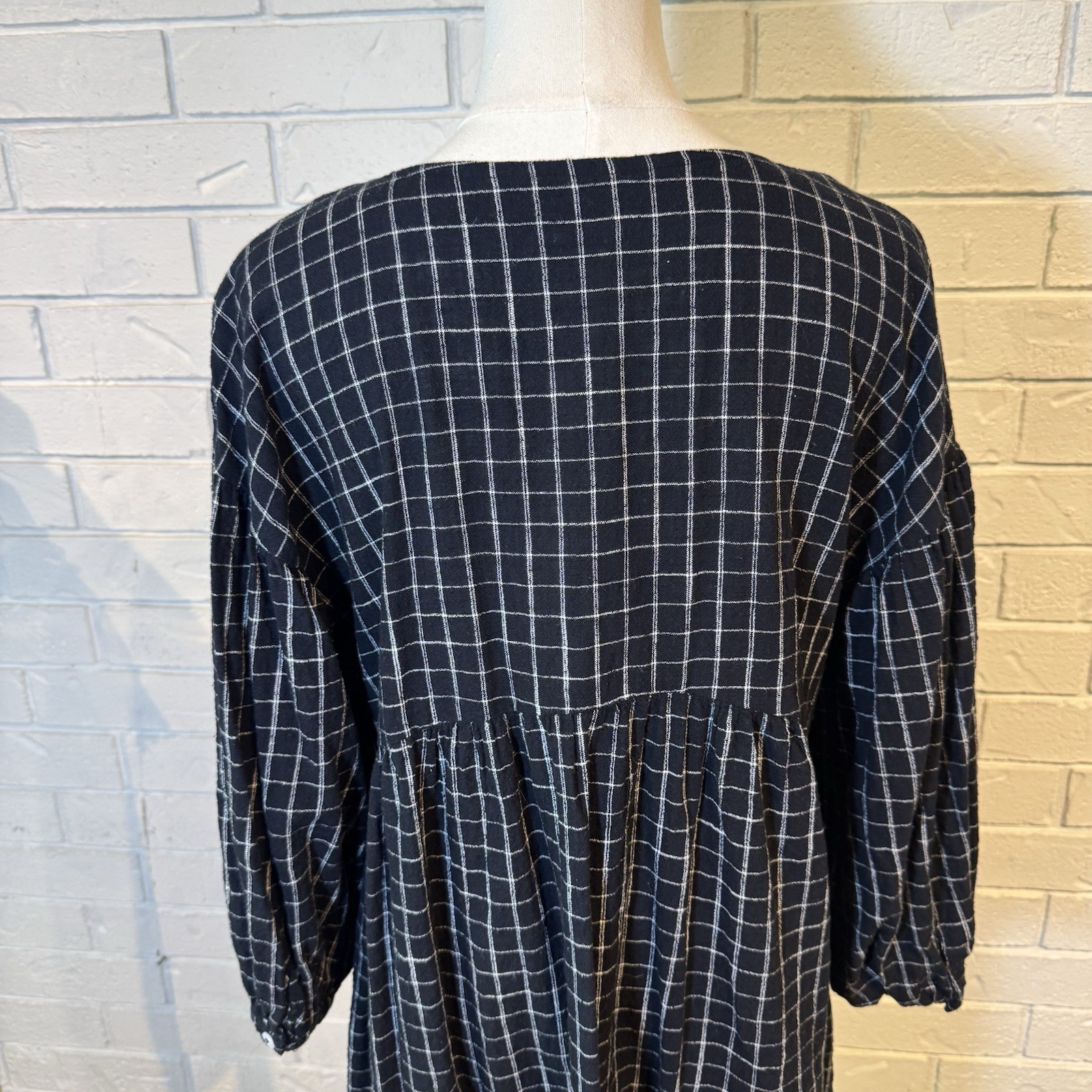 ABLE Nico Black White Windowpane Cotton Babydoll Swing Dress Puff Sleeve Size M