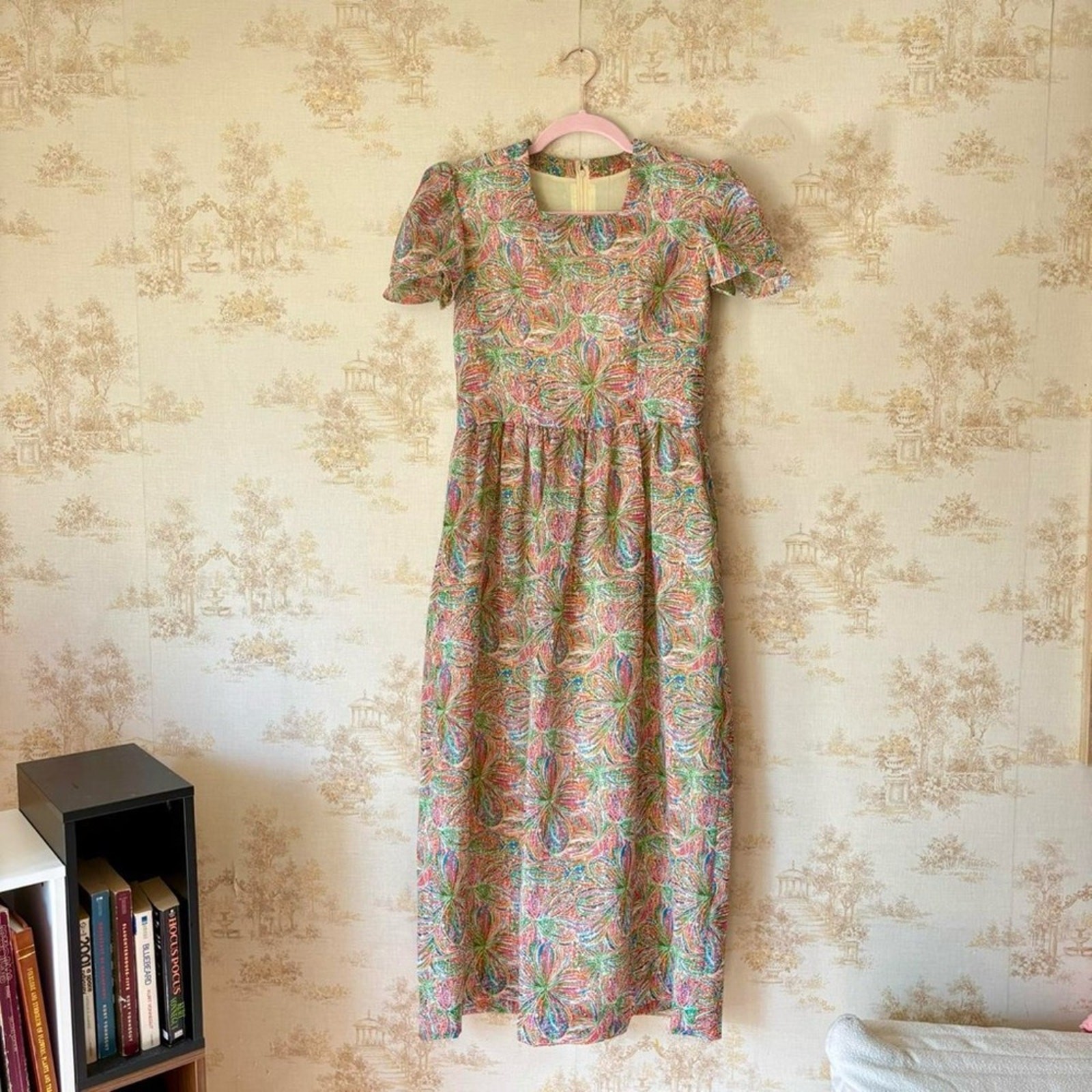 Vintage 50s 60s rainbow floral print short sleeve square neck midi party dress