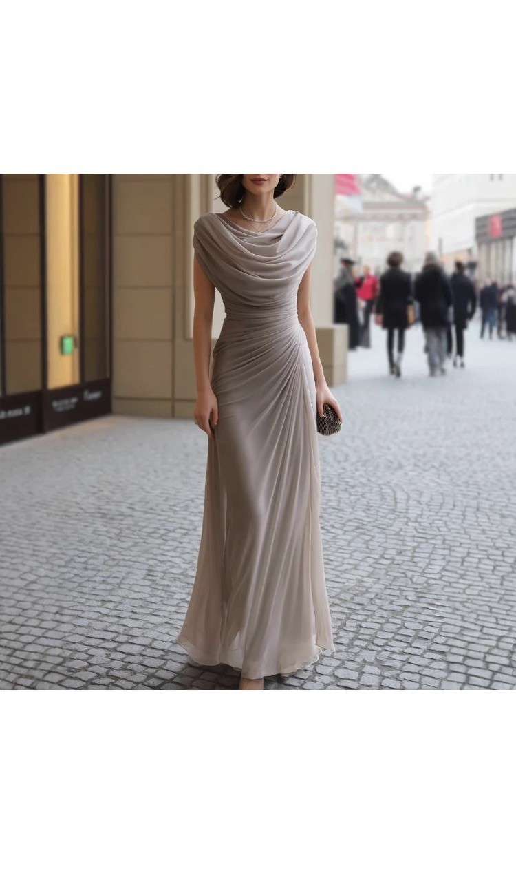 Women’s Elegant Pleated Maxi Dress Slim Fit Sleeveless Cowl Neck Formal Handmade