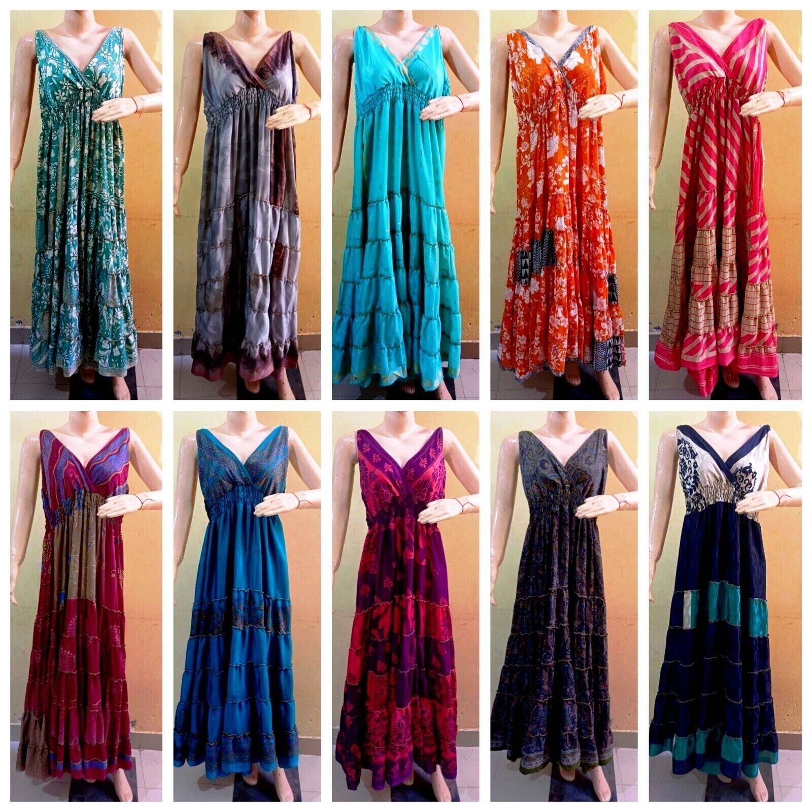 Wholesale LOt of 10 PC Indian Women Dress Free Size Women Maxi Assorted Silk