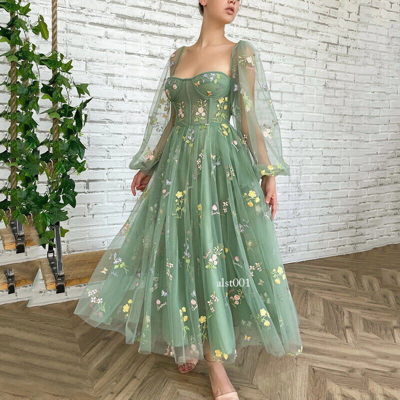 LADY Womens Embroidery Flower Puffy Sleeve Prom Dress Lace Up A-line Midi Dress