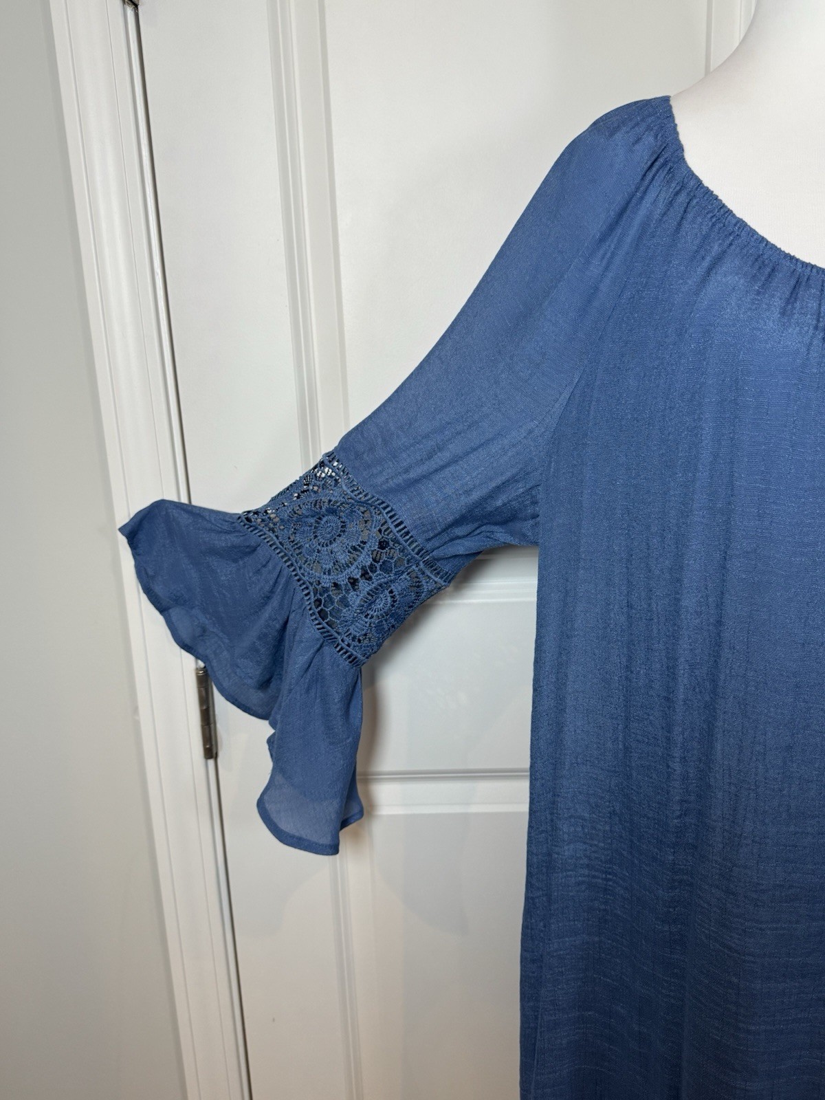 Indigo Rose 2X Blue Boho Peasant Tunic Dress Crochet Bell Sleeve Lined Flowy