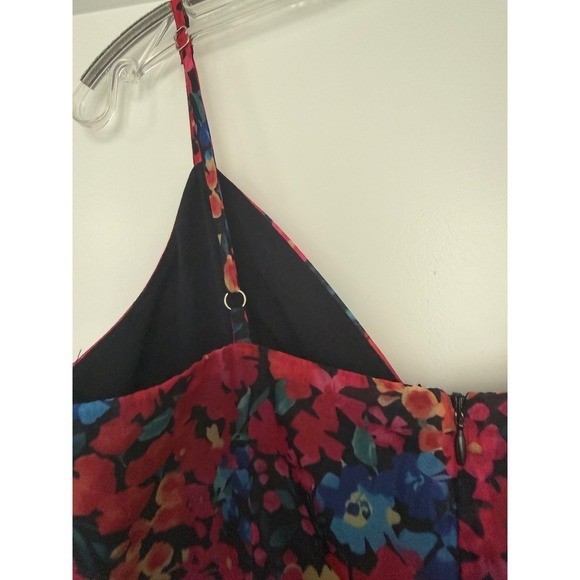 Lulus Sincerely Gorgeous Floral Pleated Midi Dress Red Blue V-Neck Straps NWT