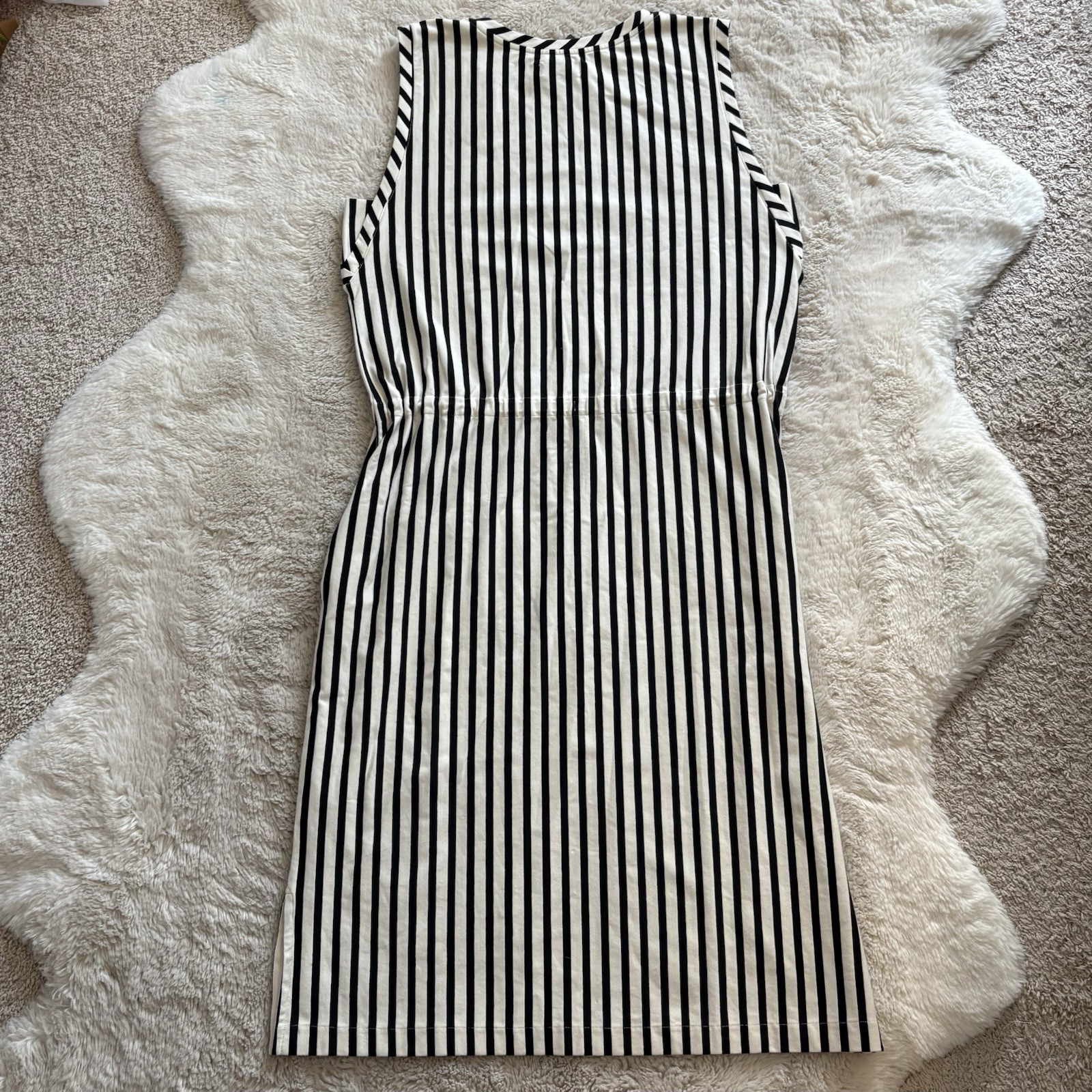 Johnston Murphy Womens Striped Midi Dress Large Career Casual Black Cream NWT