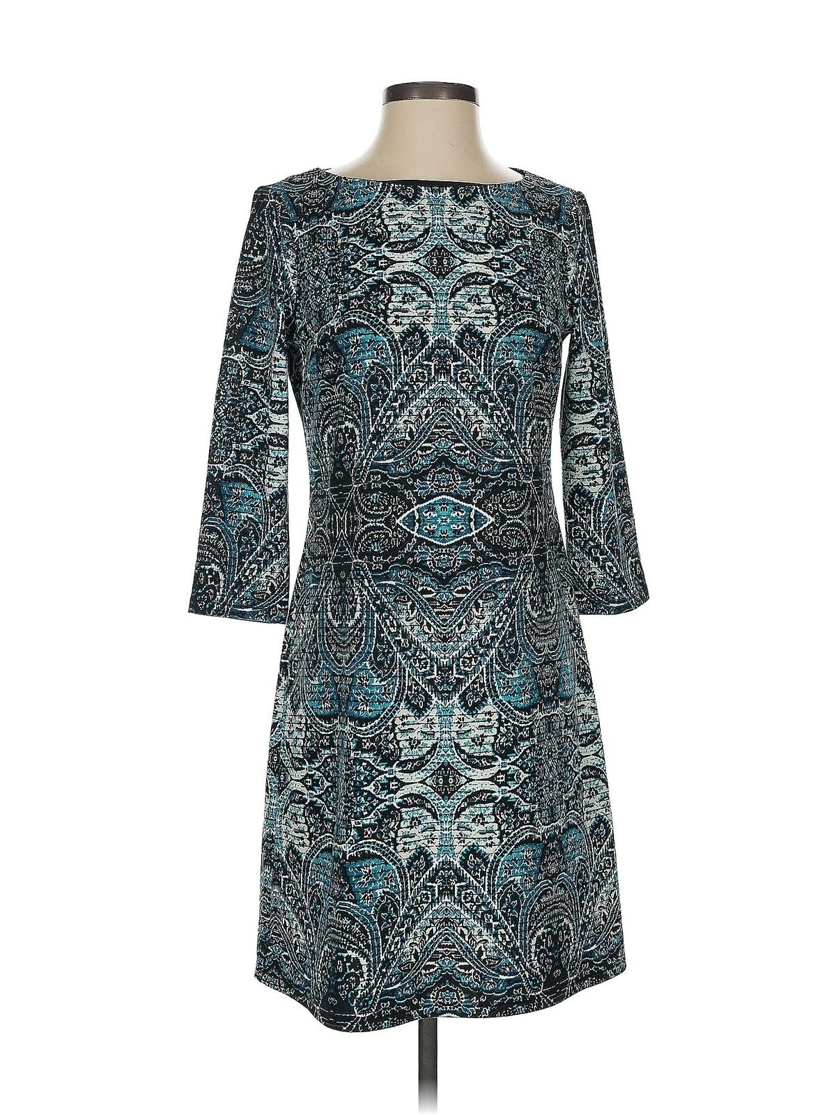 London Times Teal Print Shift Dress Sheath Size 4 Office Career Work Evening