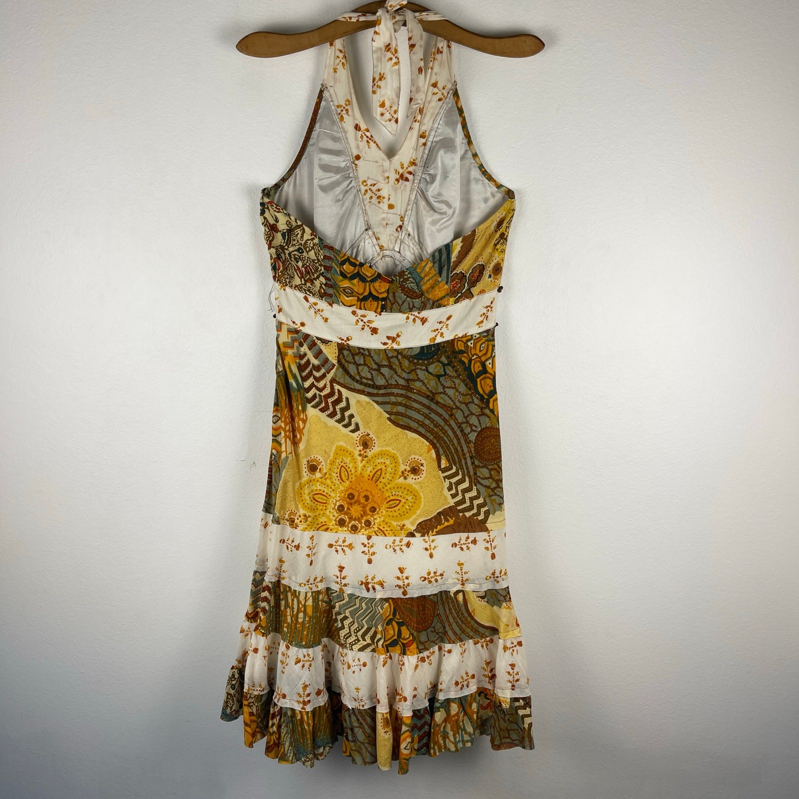 Alberto Makali Halter Cotton Brown Yellow Printed Beaded Boho Dress Women’s 8