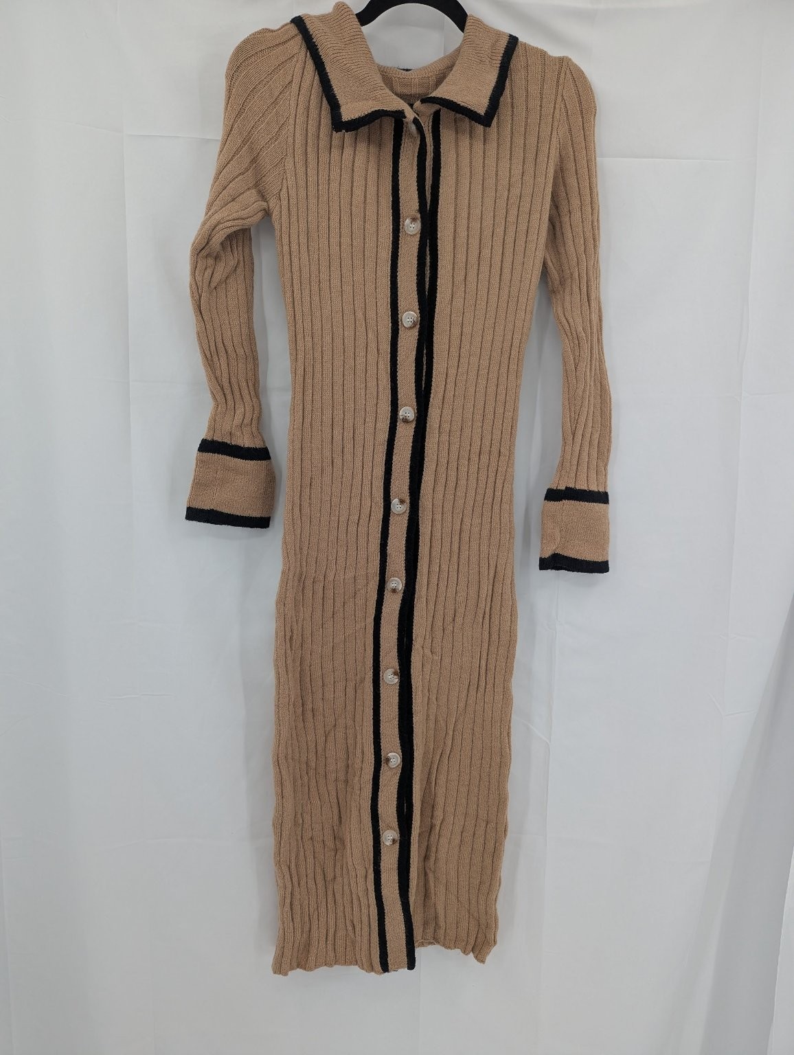 SHEIN Women’s Knit Button Front Ribbed Midi Dress M Beige Black Trim