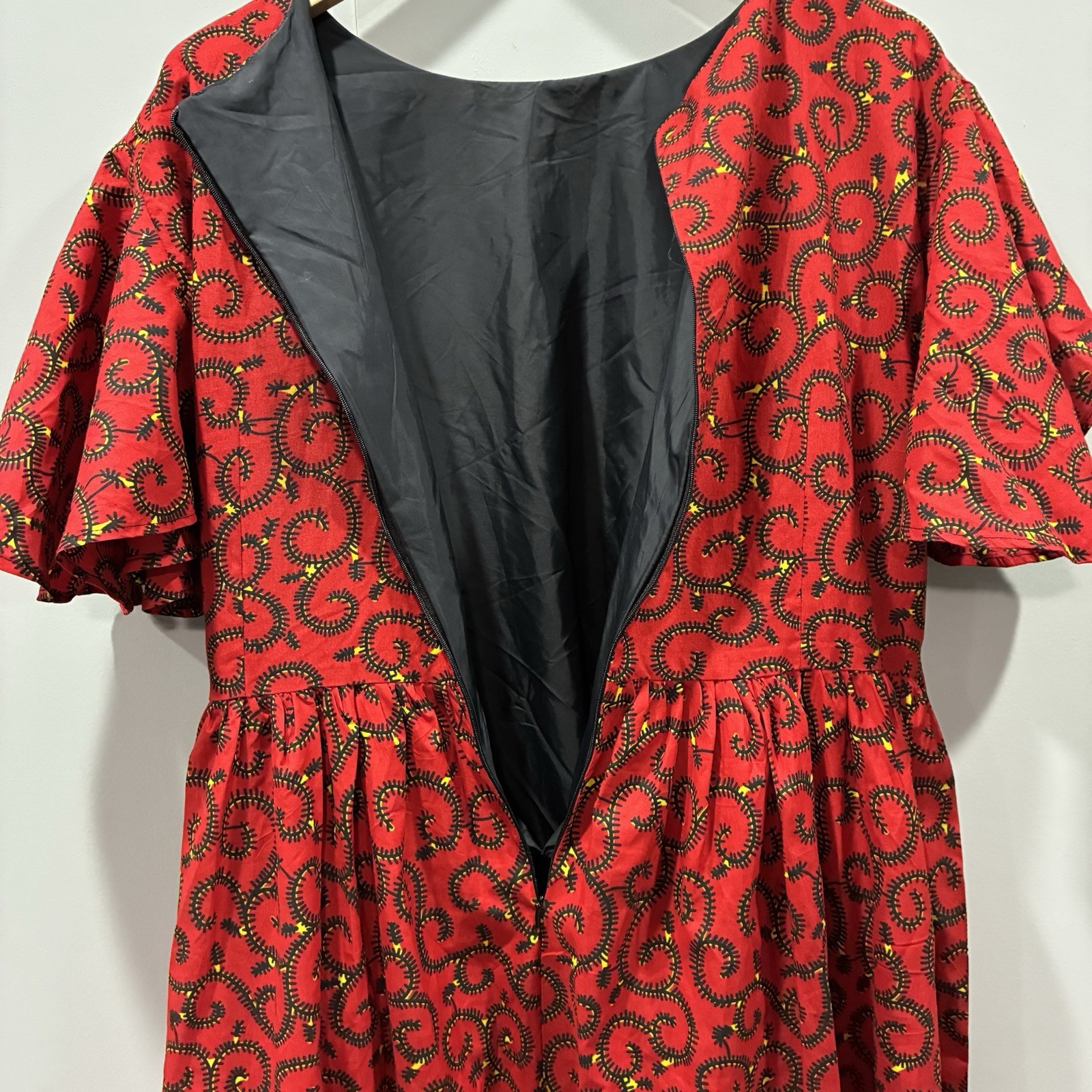 Handmade Ankara African Wax Print Formal Ocassion Dress Red Flutter Sleeve XL