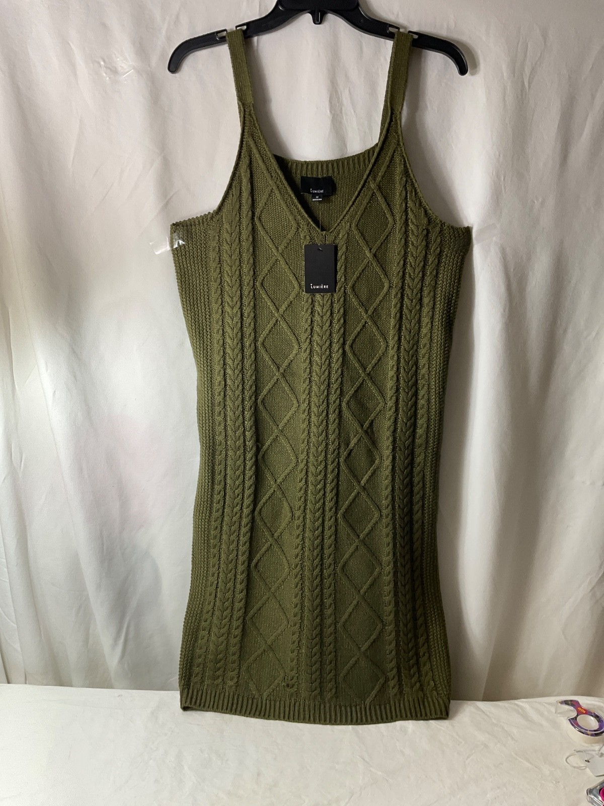 Lumiere Cable Knit Olive Green Sleeveless Sweater Dress M NWT
