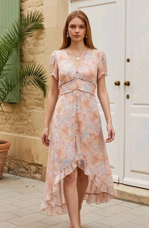 Promesa Dress High Low Ruffles Empire Bust Wedding Guest Romantic Boho Prairie S