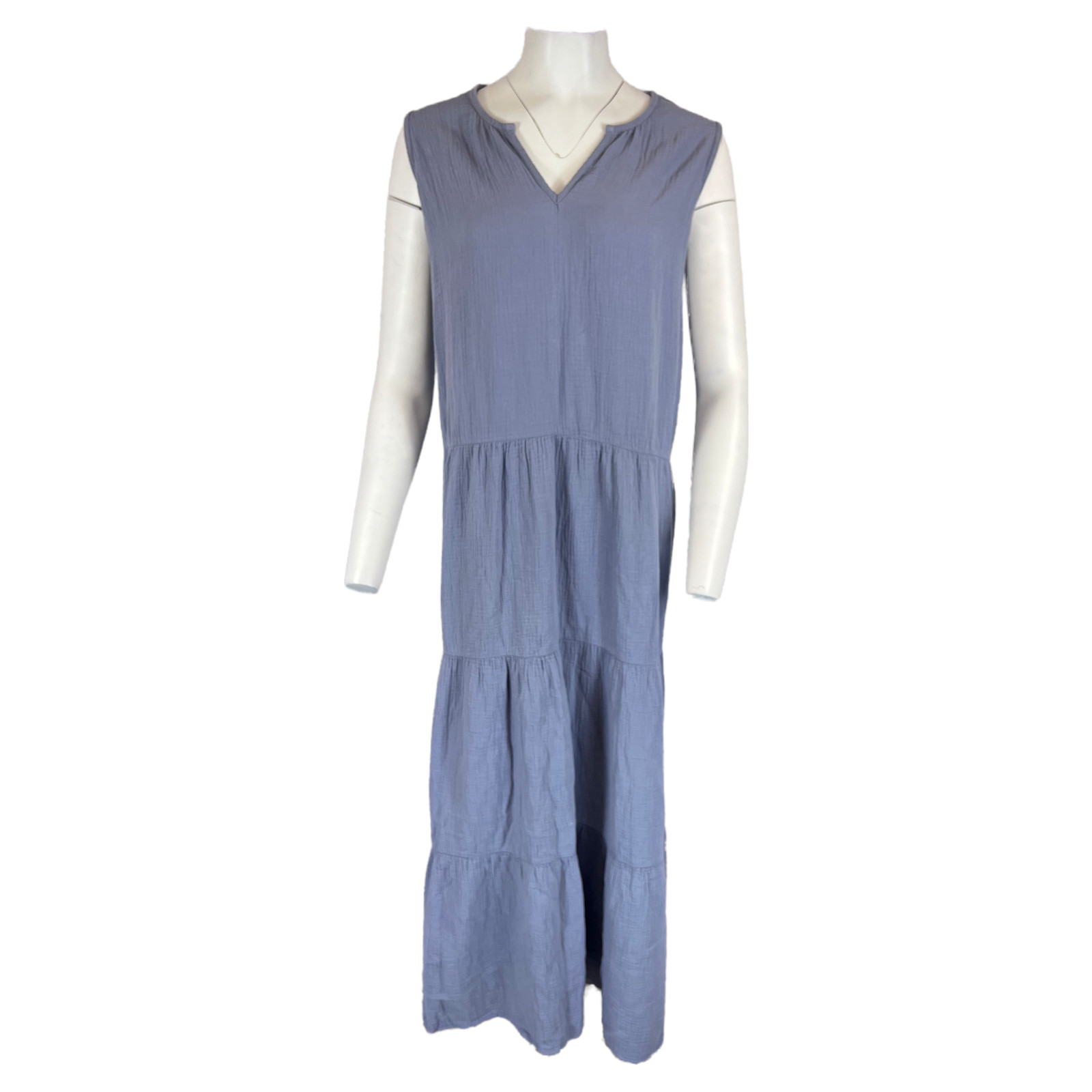 Side Stitch Plush Crinkle Gauze Sleeveless Tiered Dress Washed Denim 3X Size