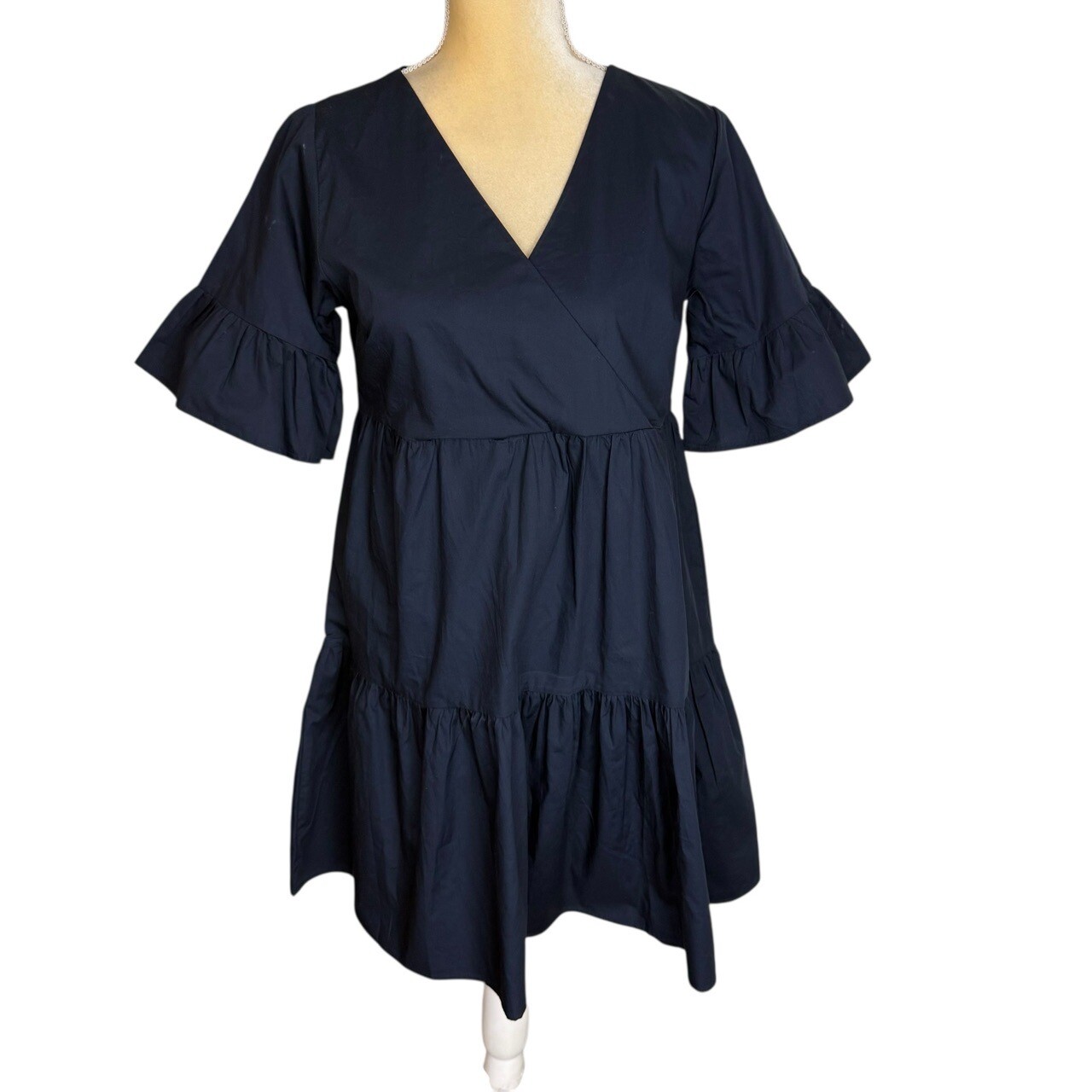 NWT Molly Bracken Navy Vneck Tiered Ruffled Cuff Bell Sleeve Dress Small