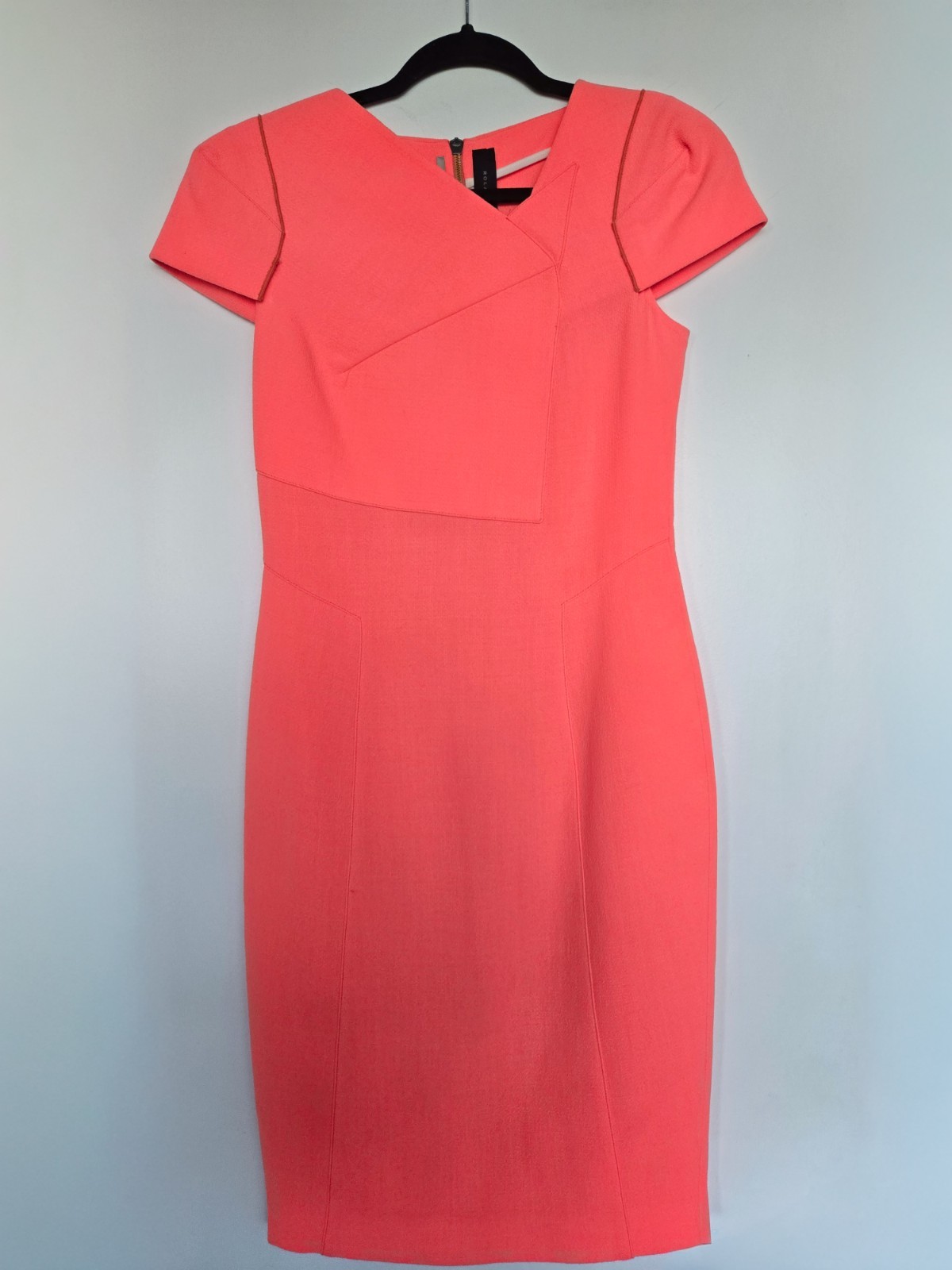 Roland Mouret Asymmetric Crepe Sheath Dress Coral Pink Orange Zip US 6 UK 10