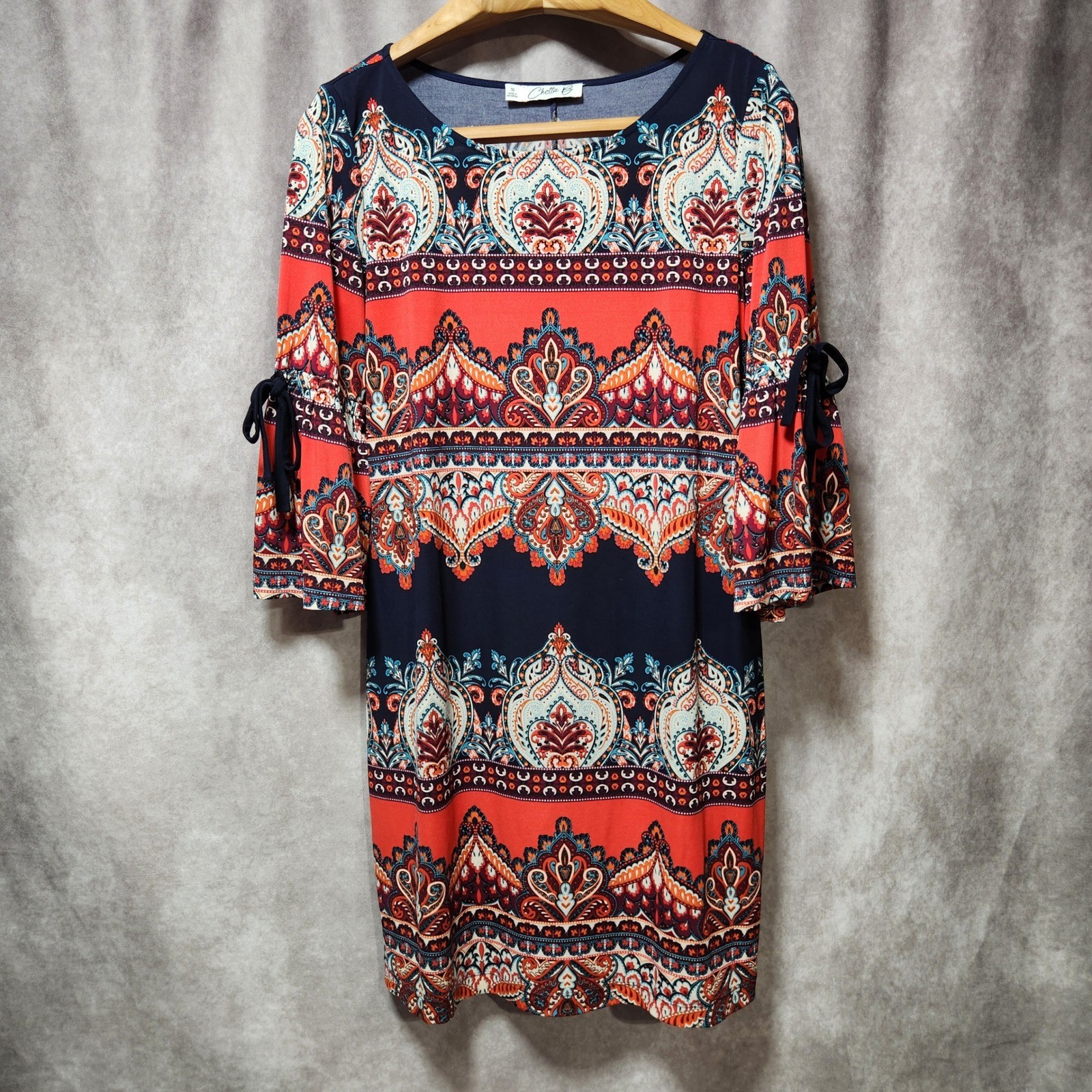Chetta B Women 10 Navy Blue Coral Paisley Bell Sleeve Shift Dress Boho Career