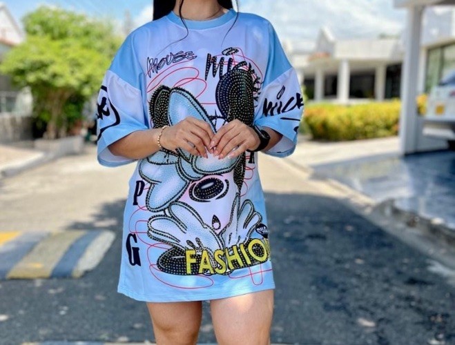 Women’s Blue/White Oversized Graphic Print T-Shirt Dress Crew Neck One Size