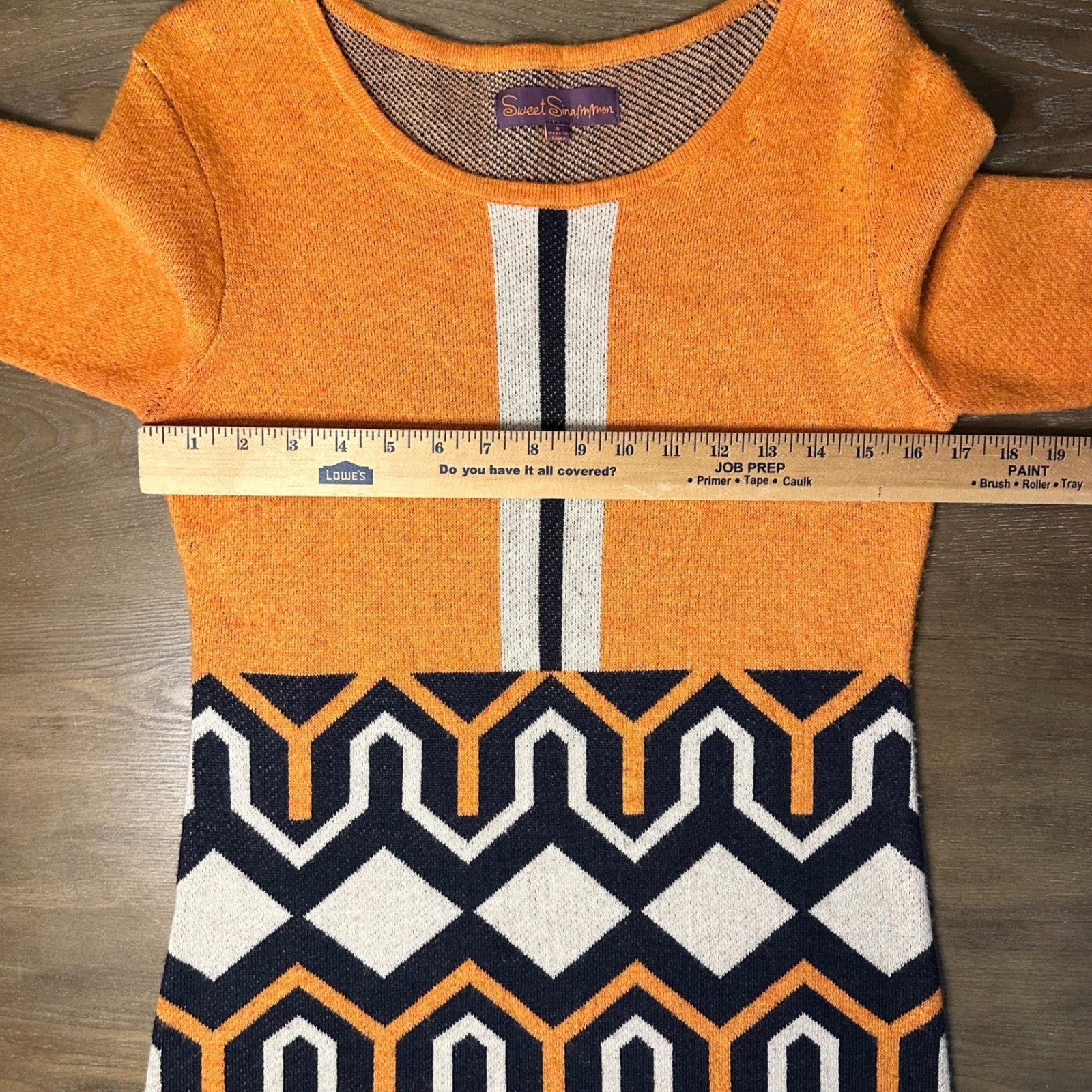 Sweet Sinammon Orange Geometric Knit Dress 3/4 Sleeve Button Cuff Vintage Retro