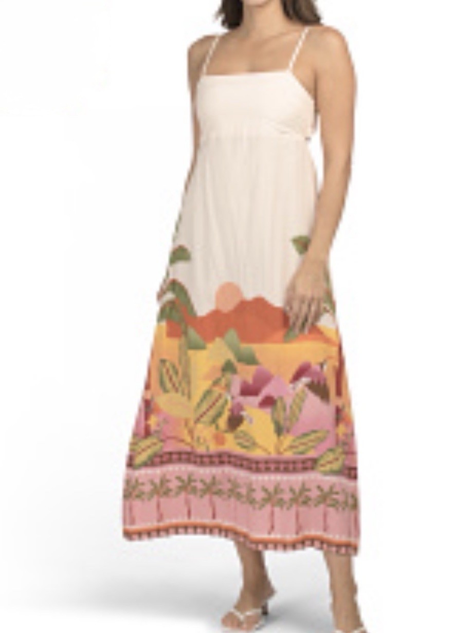NWT Paper Heart Anthro Maxi Dress M Palm Landscape Toucan Tie Back *Dye Flaw