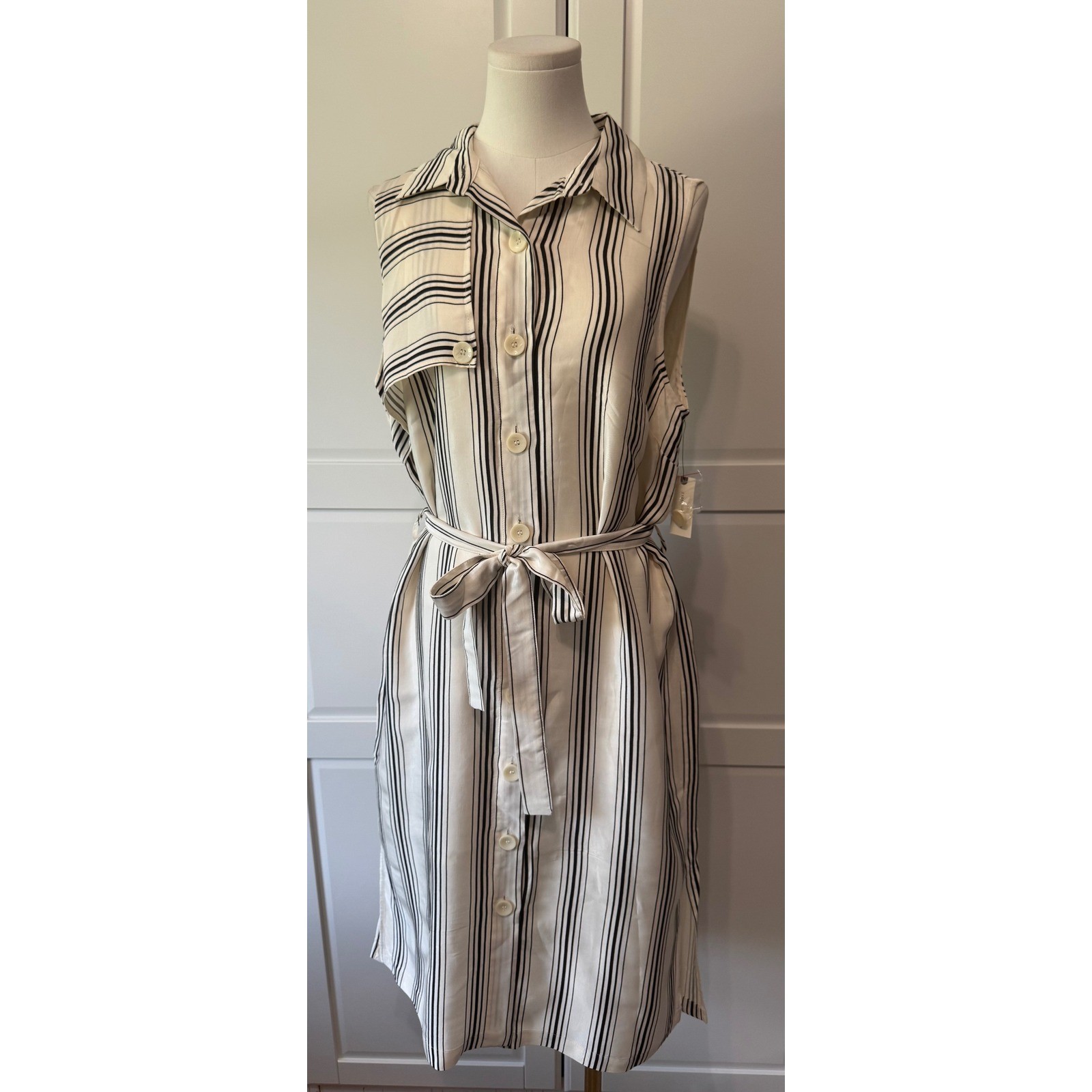 Maeve Anthropologie Esther Ivory Black Striped Sleeveless Belted Shirt Dress 12
