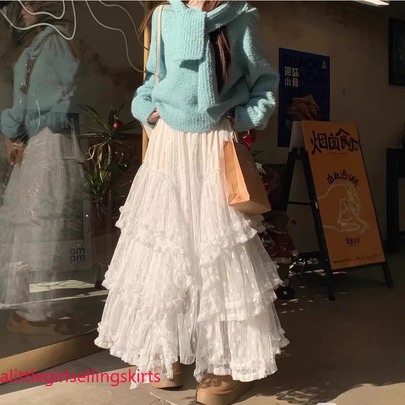 New in Women’s Spring Lace Patchwork Mesh Tutu Cake Long Skirt Women Sweet