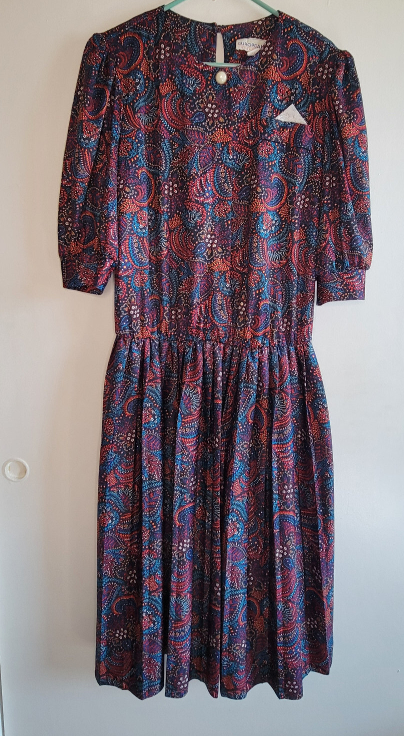 Vintage Drop Waist Dress Pleated Floral Juniors Size 15/16 Shoulder Pads