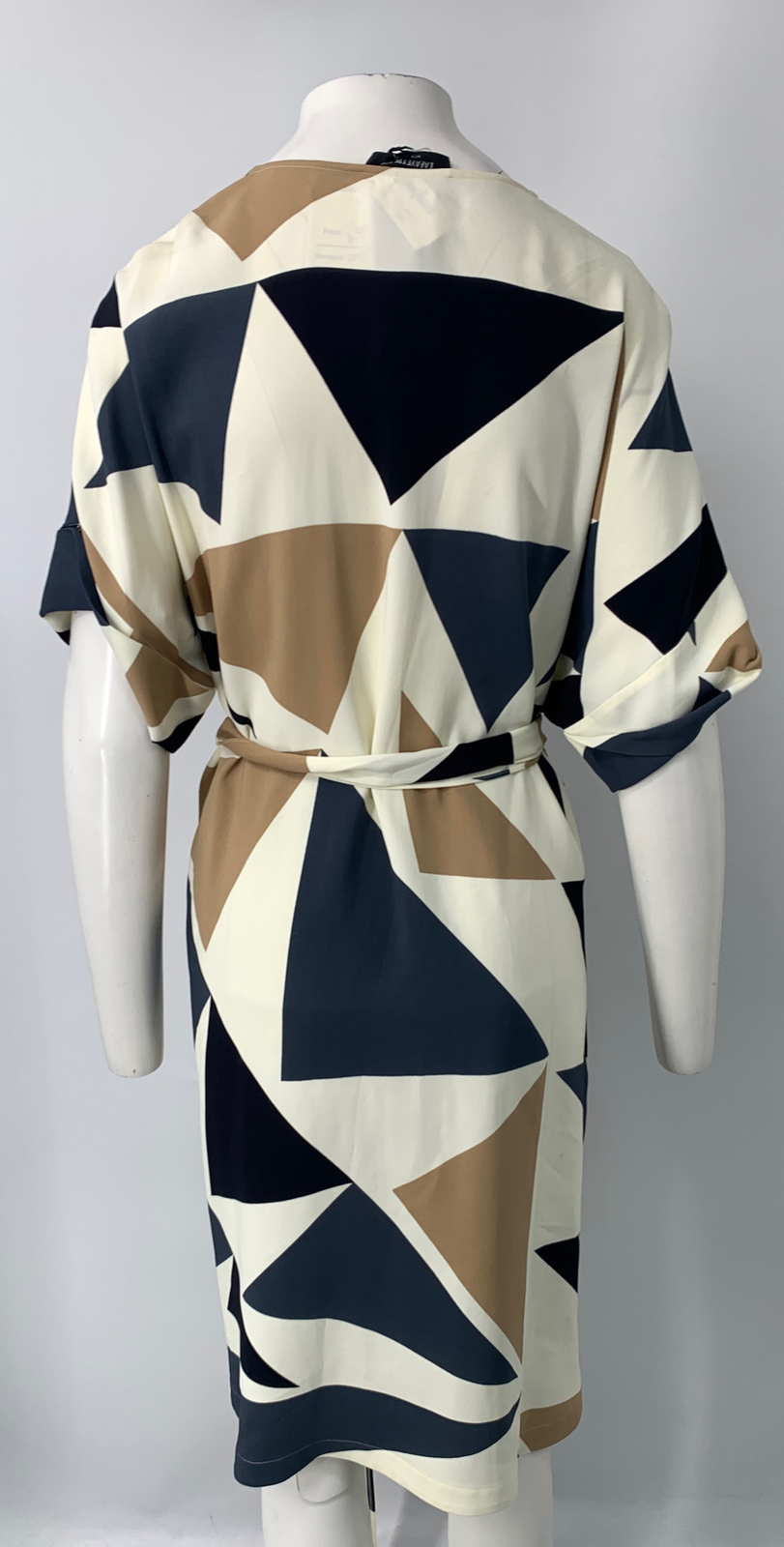 Lafayette 148 White Blue Brown Jubilee Triangle Belted V-Neck Dress NWD sz L