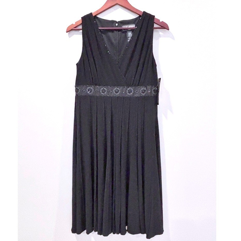 Jessica Howard Black Beaded Empire Waist Midi Dress Sz 14 Elegant Feminine NEW