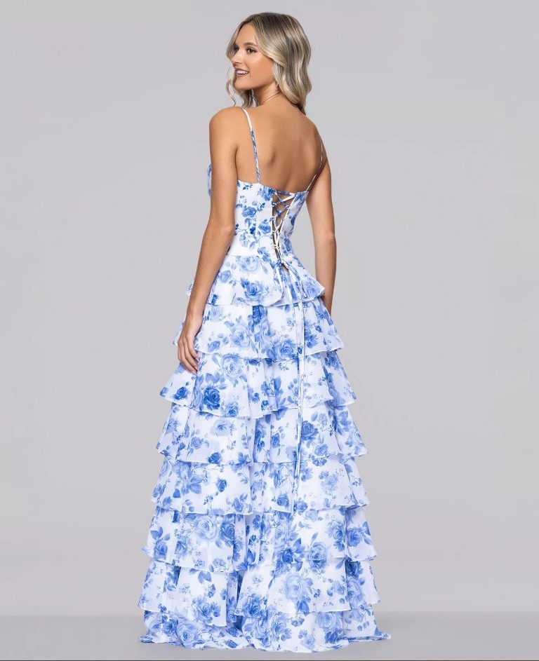 Blondie Nites Juniors’ Printed Corset Tiered Ruffle Gown Dress Size 11 Blue